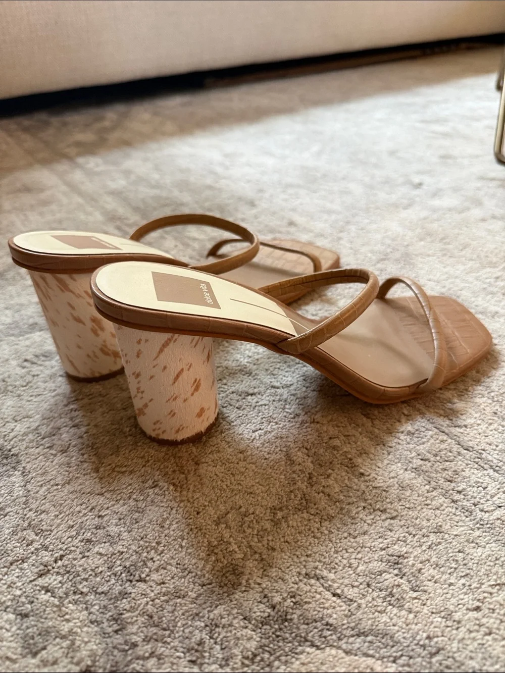Dolce Vita Tan Croc-Embossed Double-Strap Block Heel Sandals - pony hair heel